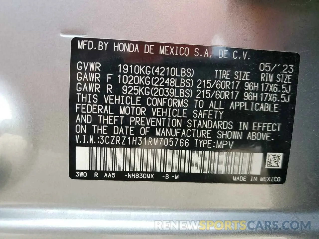 15 Фотография поврежденного автомобиля 3CZRZ1H31RM705766 HONDA HR-V 2024