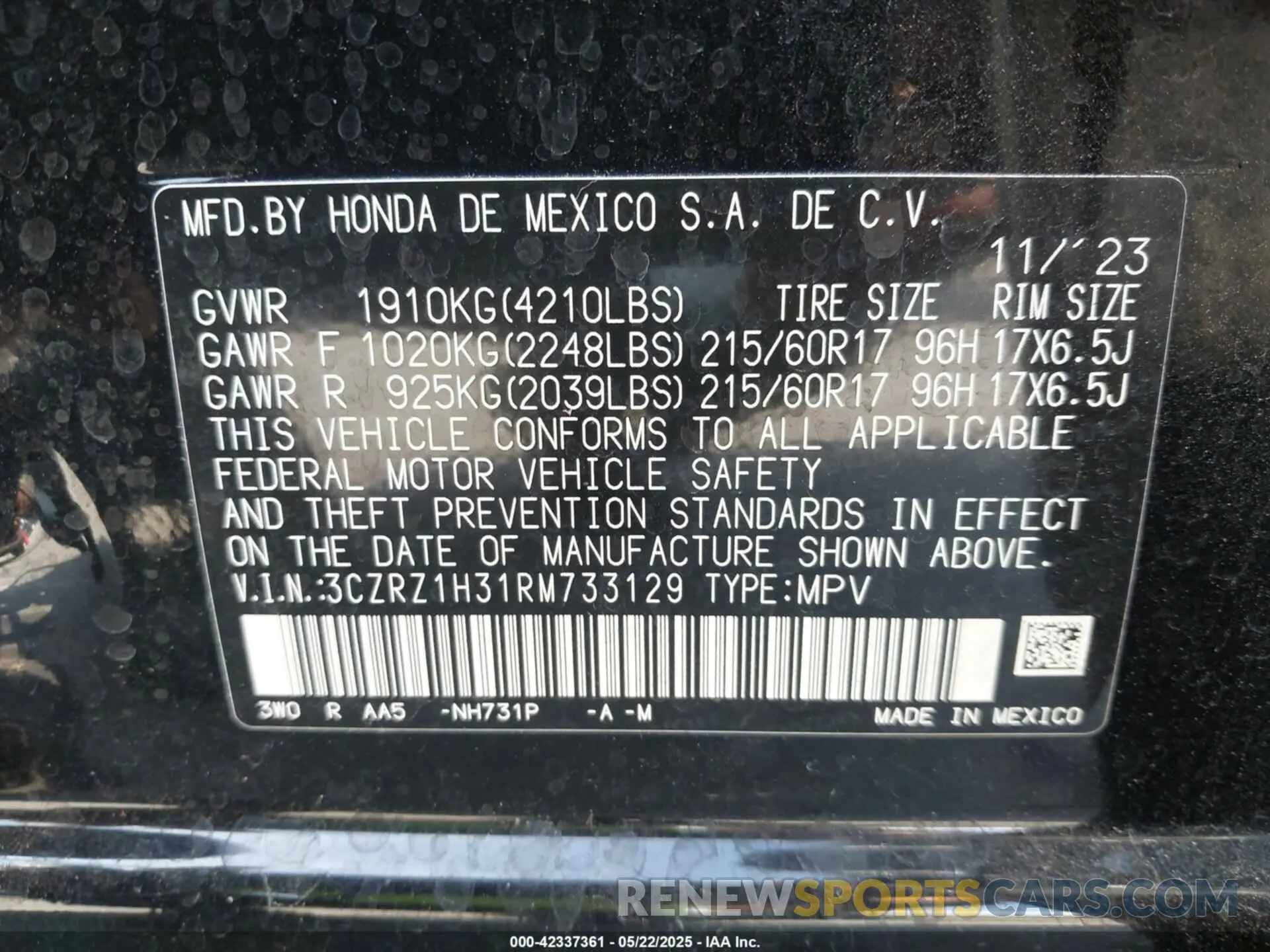 9 Фотография поврежденного автомобиля 3CZRZ1H31RM733129 HONDA HR-V 2024