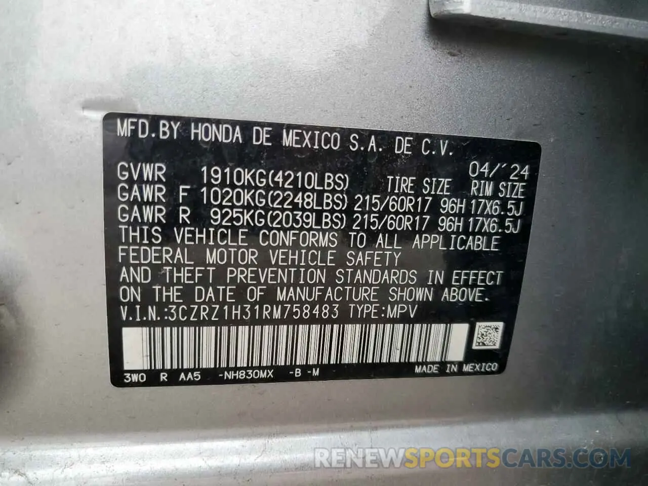 14 Photograph of a damaged car 3CZRZ1H31RM758483 HONDA HR-V 2024