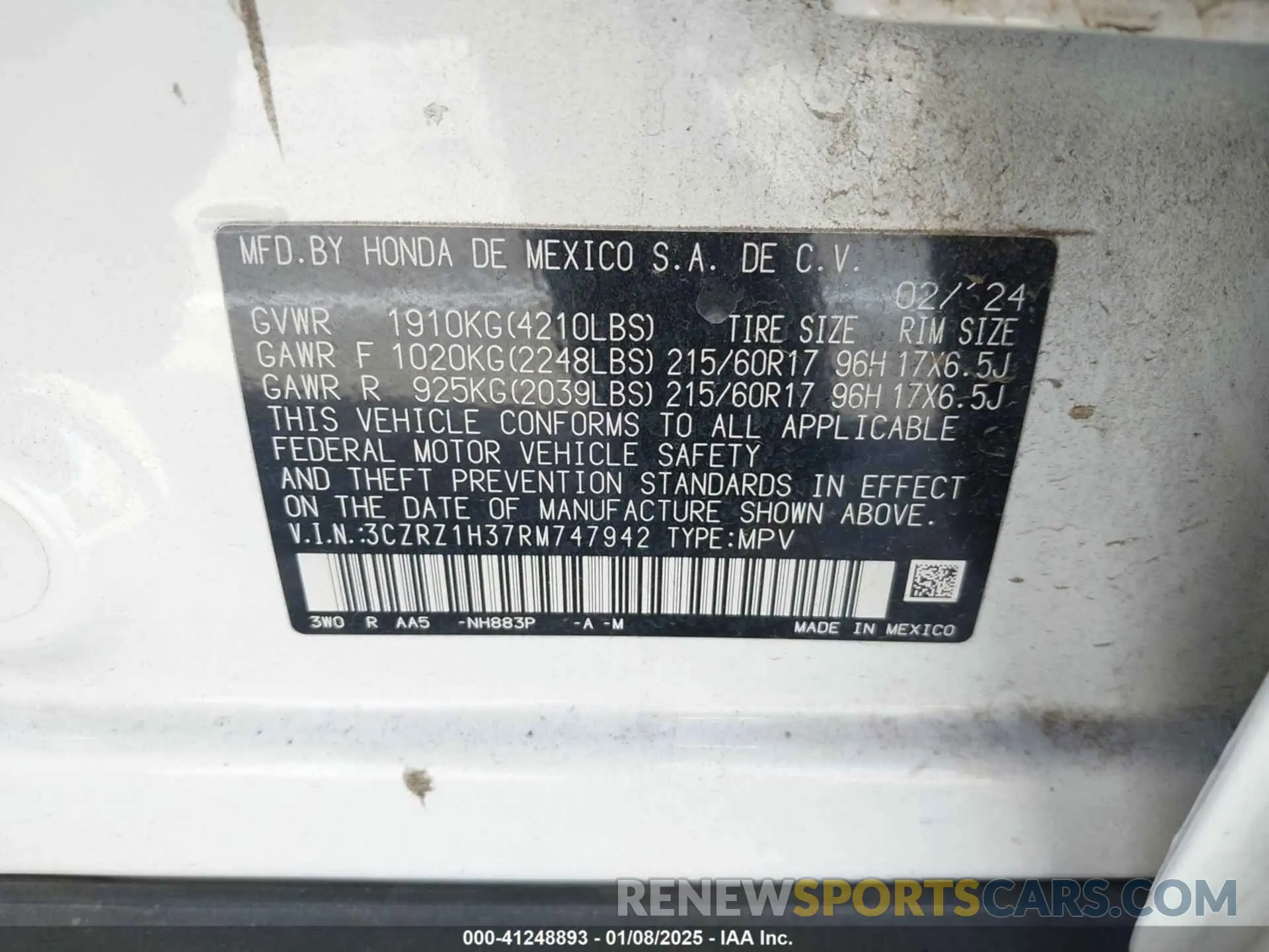 9 Фотография поврежденного автомобиля 3CZRZ1H37RM747942 HONDA HR-V 2024