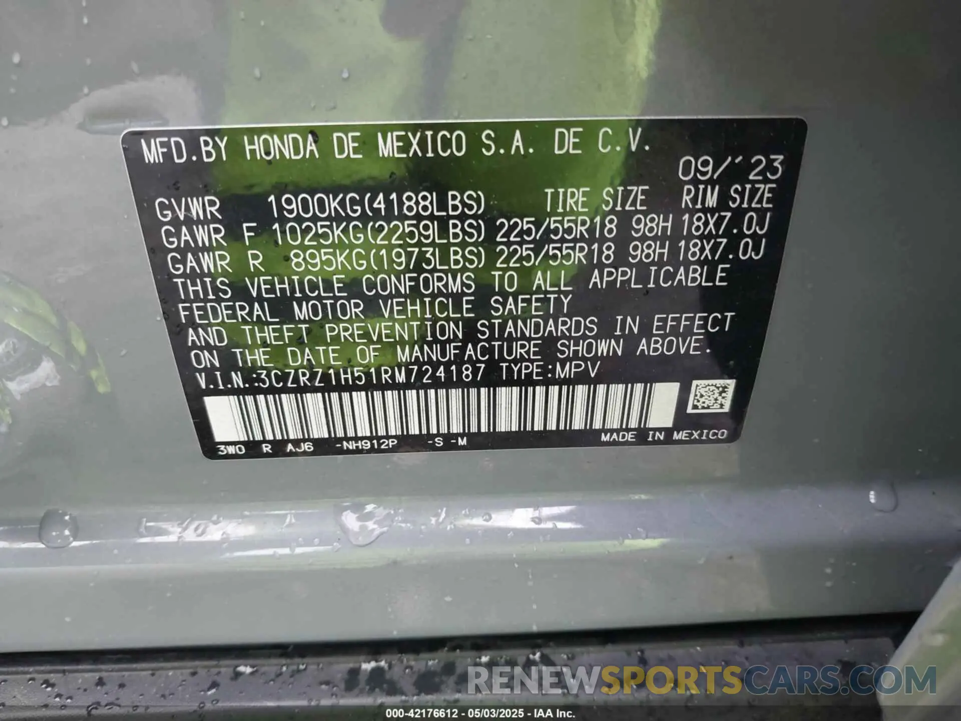 9 Photograph of a damaged car 3CZRZ1H51RM724187 HONDA HR-V 2024