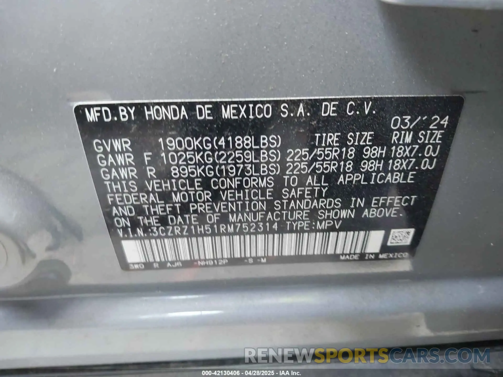 9 Photograph of a damaged car 3CZRZ1H51RM752314 HONDA HR-V 2024