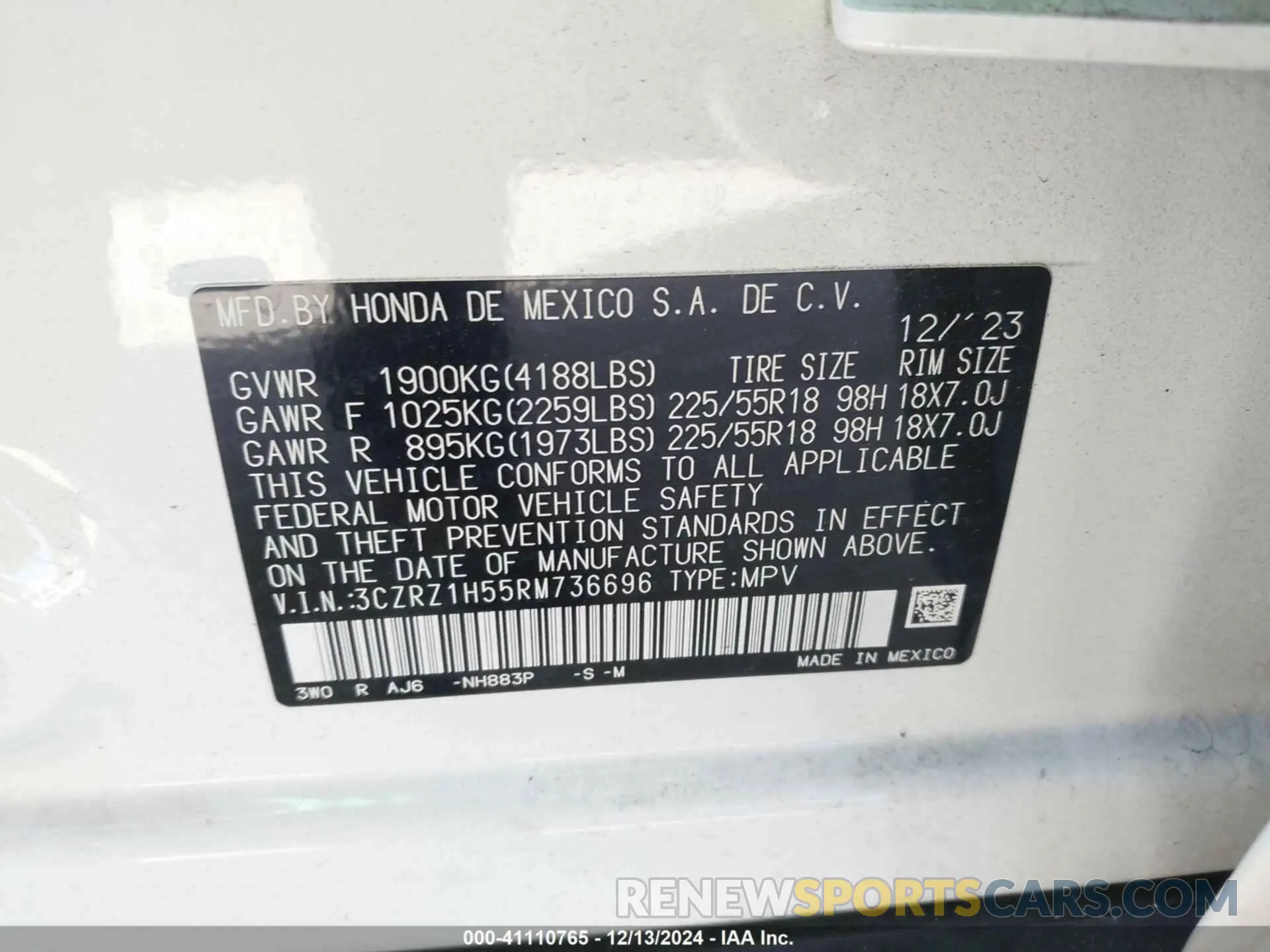 9 Фотография поврежденного автомобиля 3CZRZ1H55RM736696 HONDA HR-V 2024