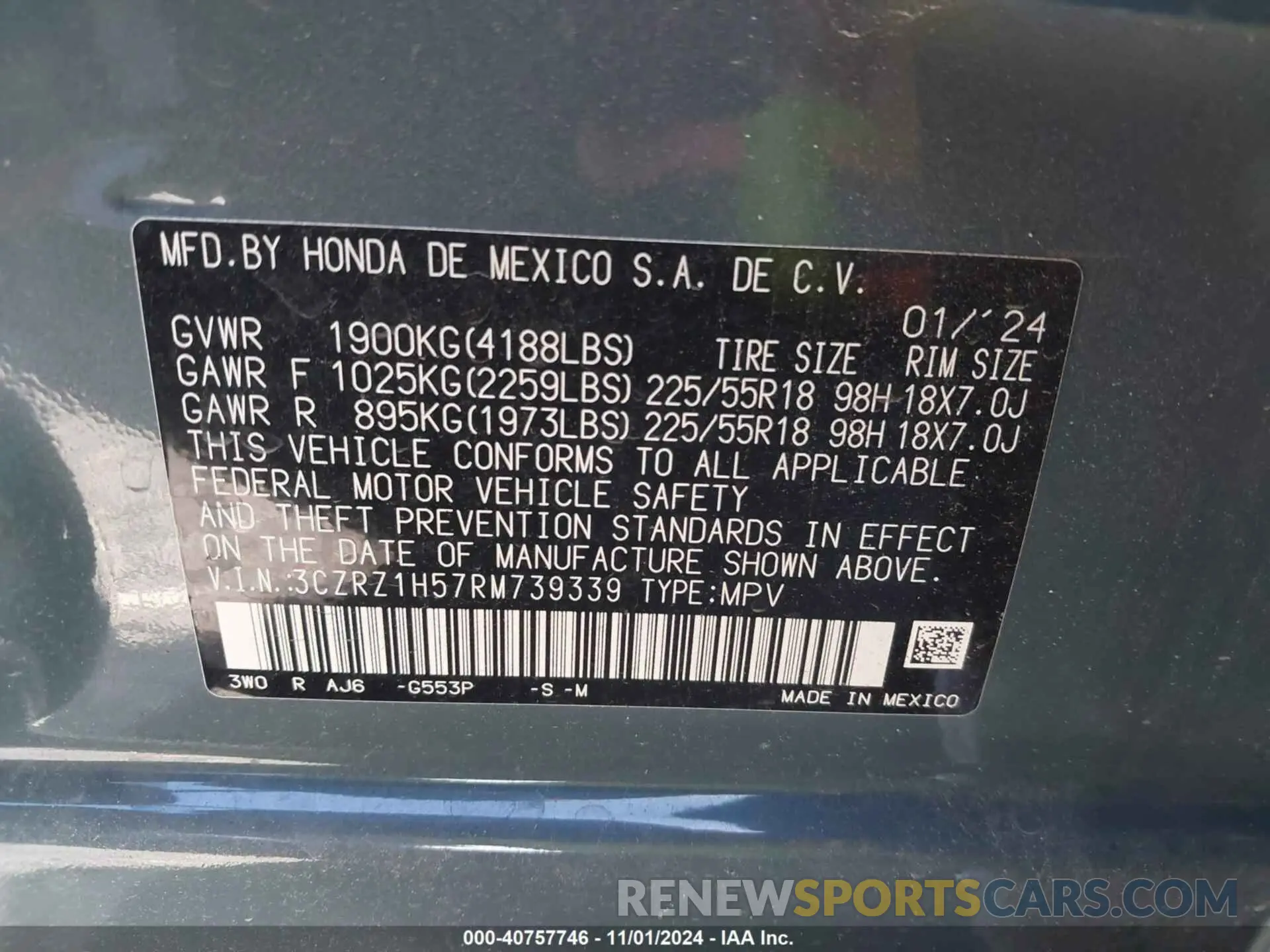9 Фотография поврежденного автомобиля 3CZRZ1H57RM739339 HONDA HR-V 2024