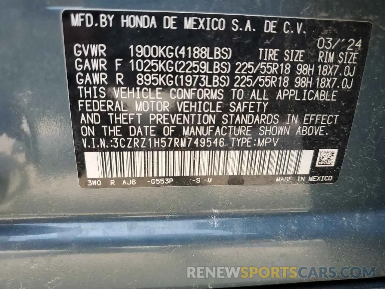 14 Фотография поврежденного автомобиля 3CZRZ1H57RM749546 HONDA HR-V 2024
