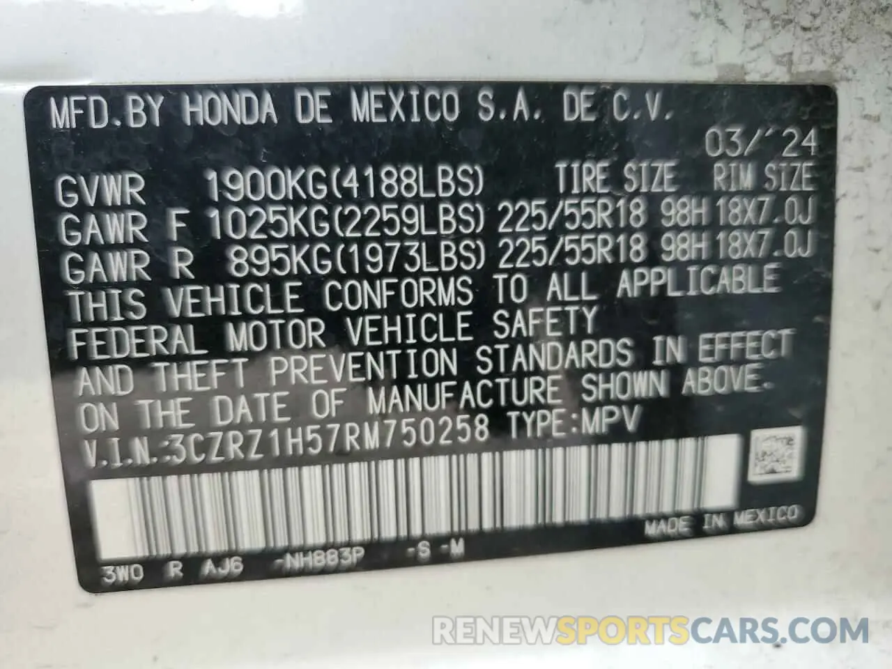 13 Фотография поврежденного автомобиля 3CZRZ1H57RM750258 HONDA HR-V 2024