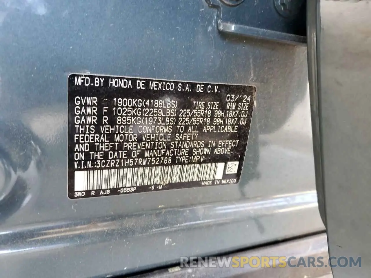 12 Фотография поврежденного автомобиля 3CZRZ1H57RM752768 HONDA HR-V 2024