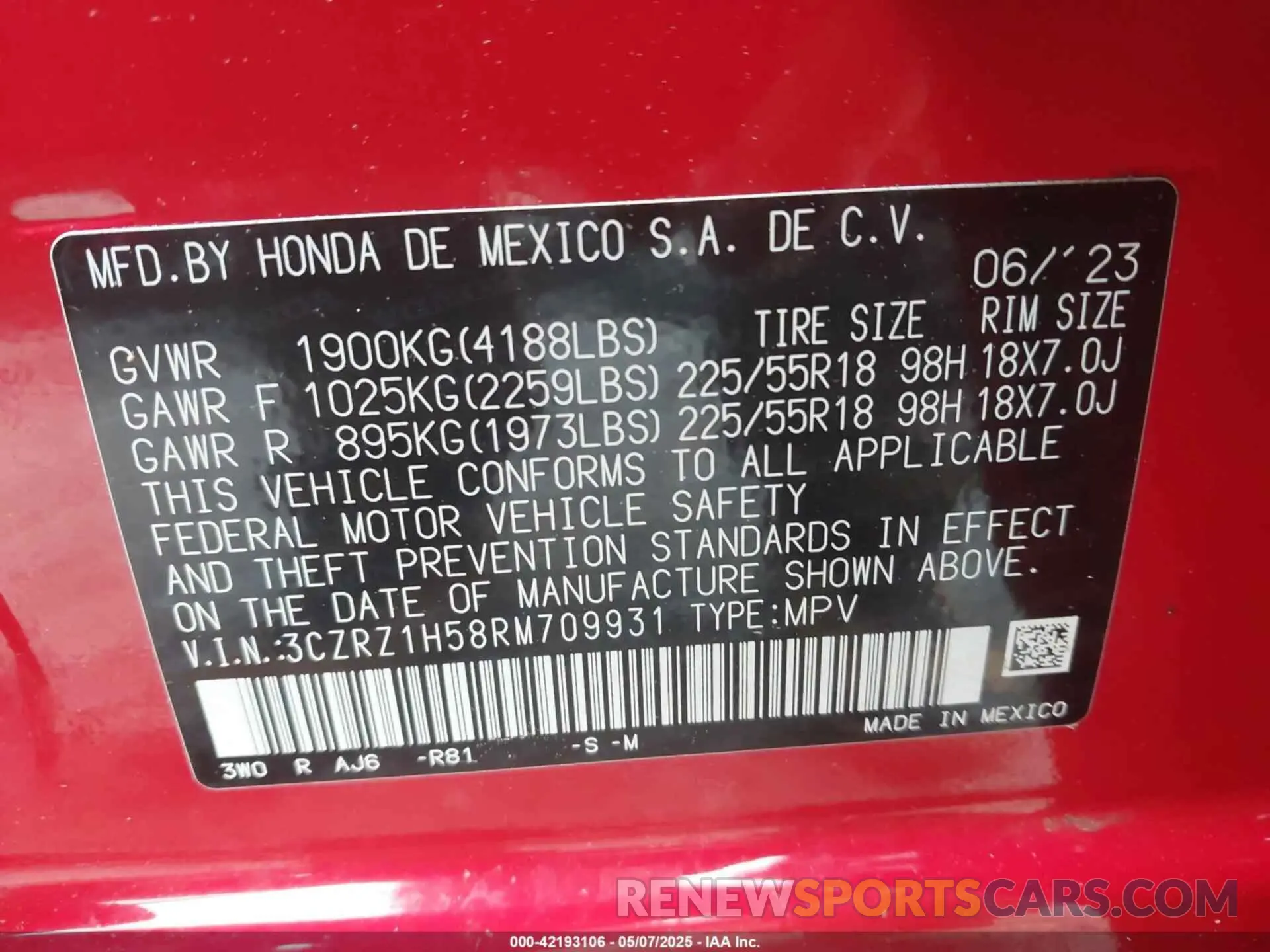 9 Photograph of a damaged car 3CZRZ1H58RM709931 HONDA HR-V 2024