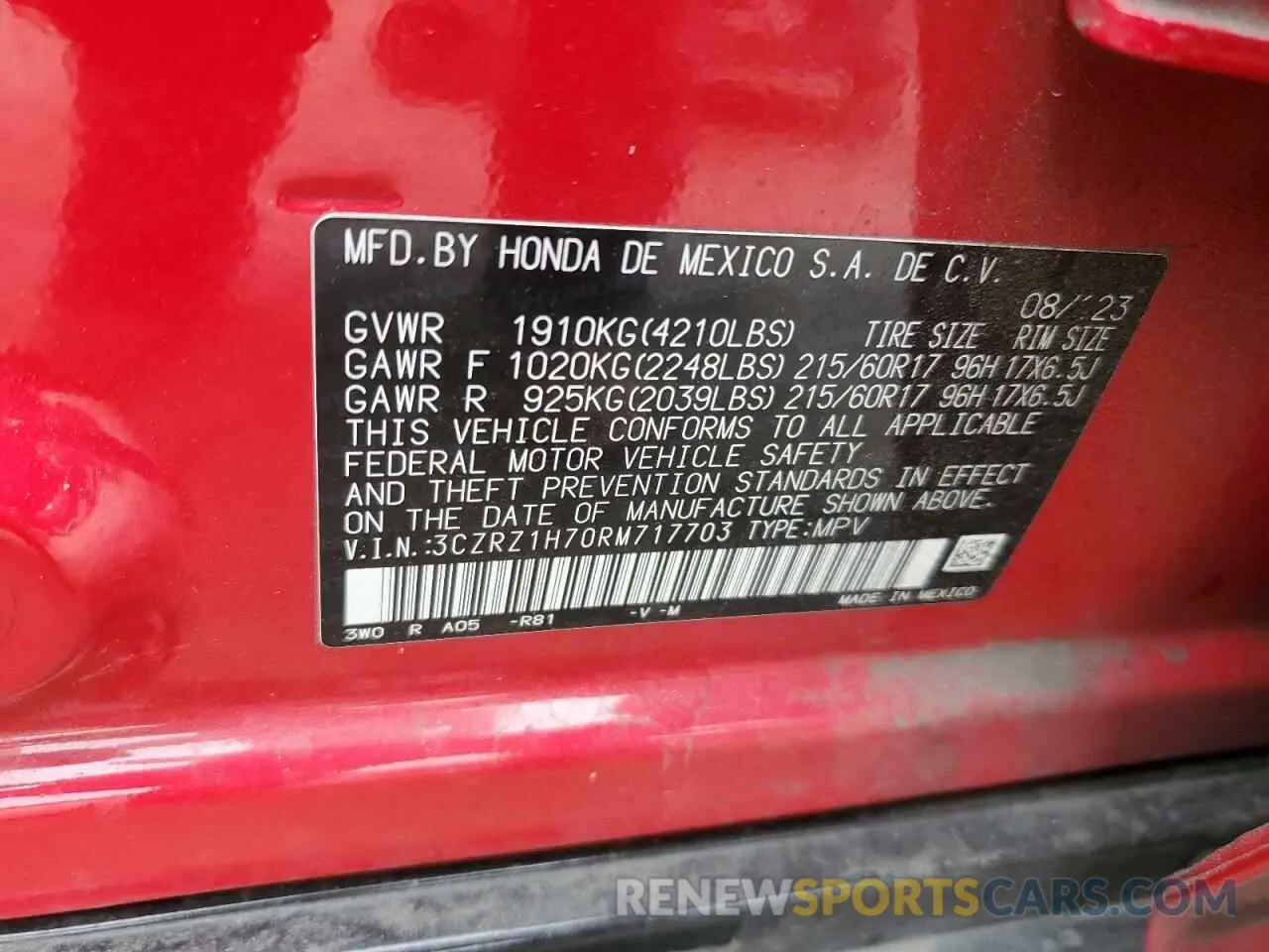 15 Photograph of a damaged car 3CZRZ1H70RM717703 HONDA HR-V 2024