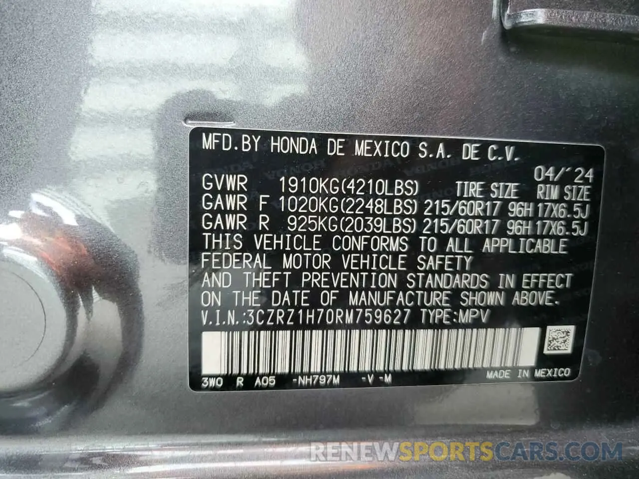 15 Фотография поврежденного автомобиля 3CZRZ1H70RM759627 HONDA HR-V 2024