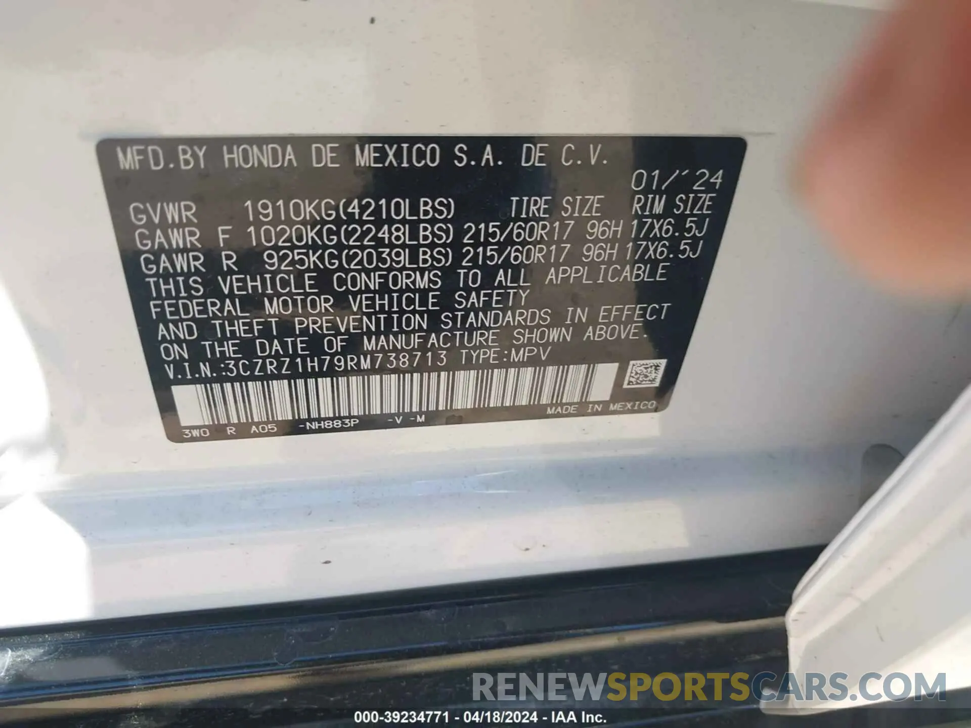 9 Фотография поврежденного автомобиля 3CZRZ1H79RM738713 HONDA HR-V 2024