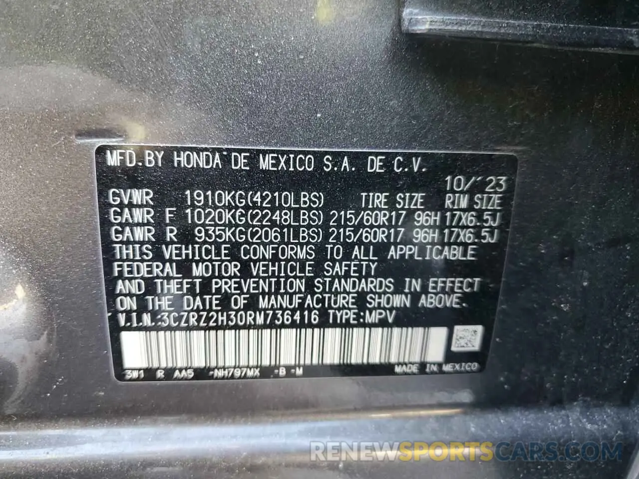 14 Photograph of a damaged car 3CZRZ2H30RM736416 HONDA HR-V 2024