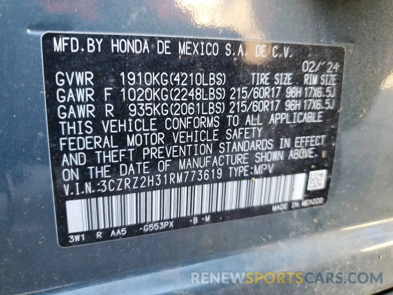 15 Photograph of a damaged car 3CZRZ2H31RM773619 HONDA HR-V 2024