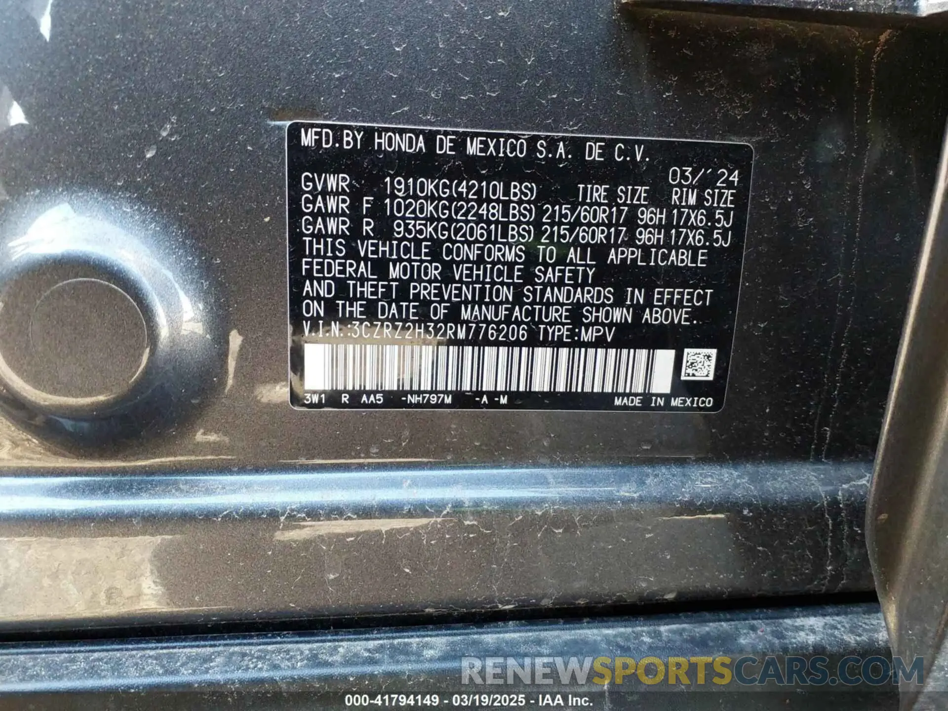 9 Фотография поврежденного автомобиля 3CZRZ2H32RM776206 HONDA HR-V 2024