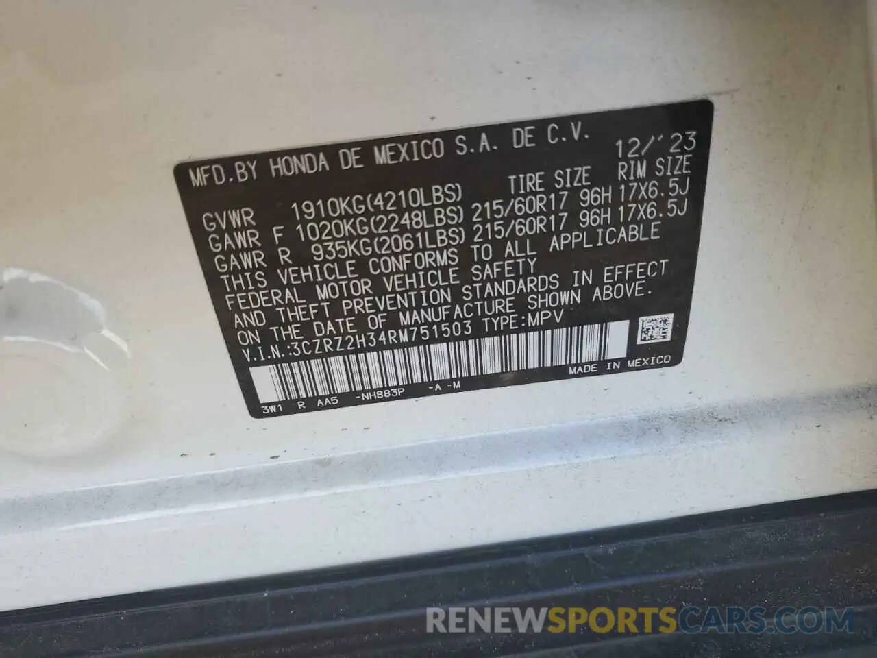 12 Фотография поврежденного автомобиля 3CZRZ2H34RM751503 HONDA HR-V 2024