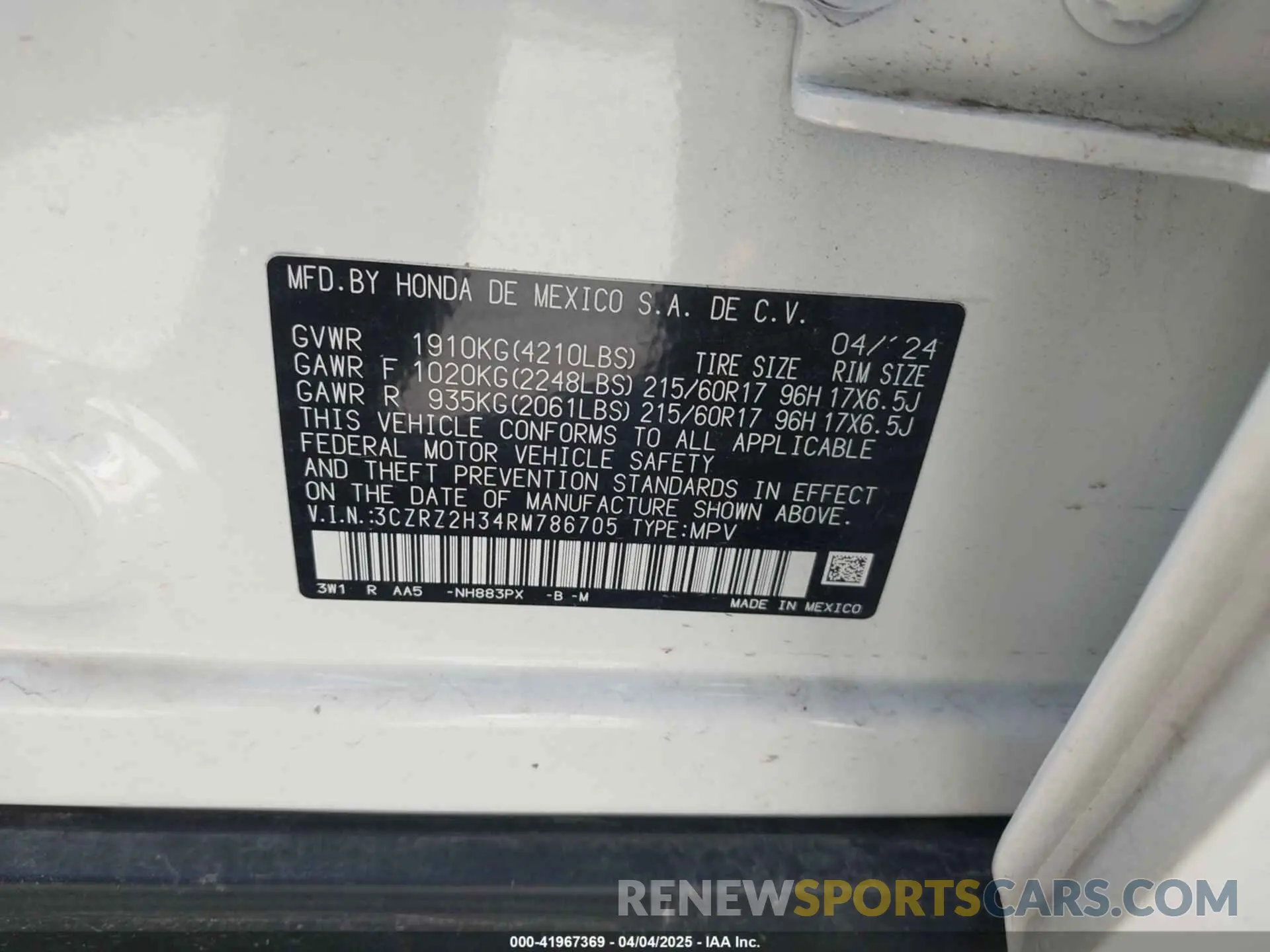 9 Фотография поврежденного автомобиля 3CZRZ2H34RM786705 HONDA HR-V 2024