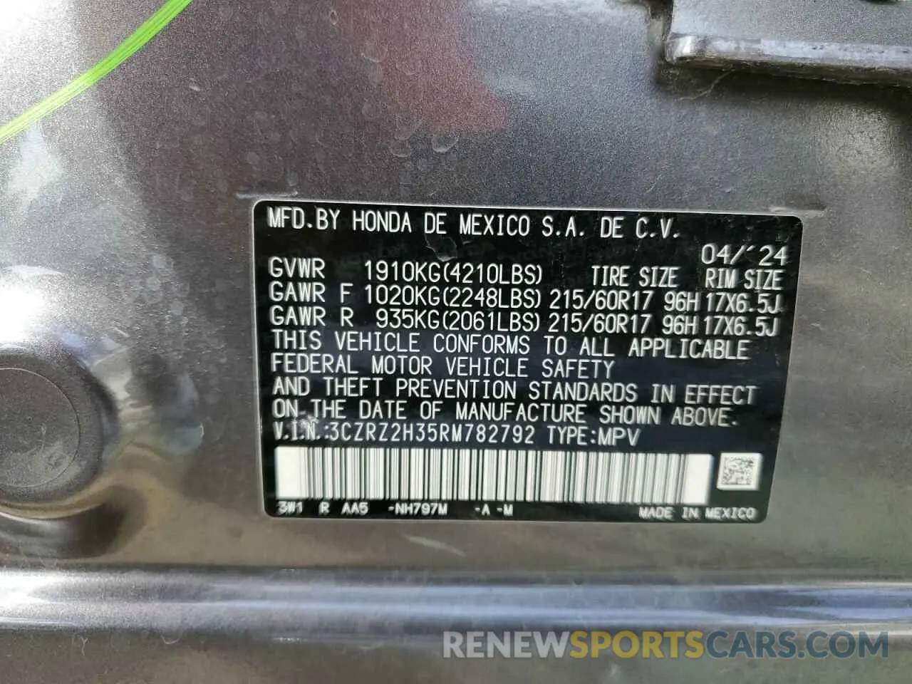 14 Photograph of a damaged car 3CZRZ2H35RM782792 HONDA HR-V 2024