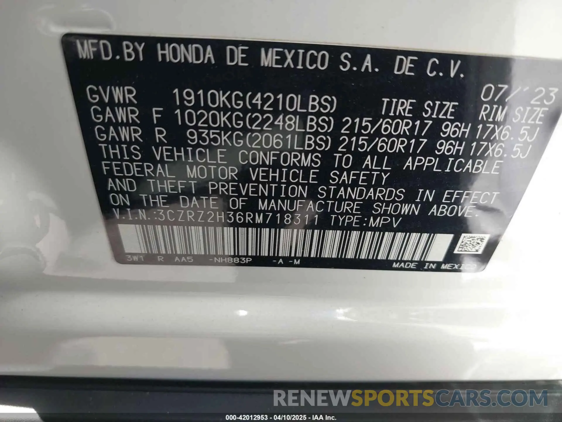 9 Фотография поврежденного автомобиля 3CZRZ2H36RM718311 HONDA HR-V 2024
