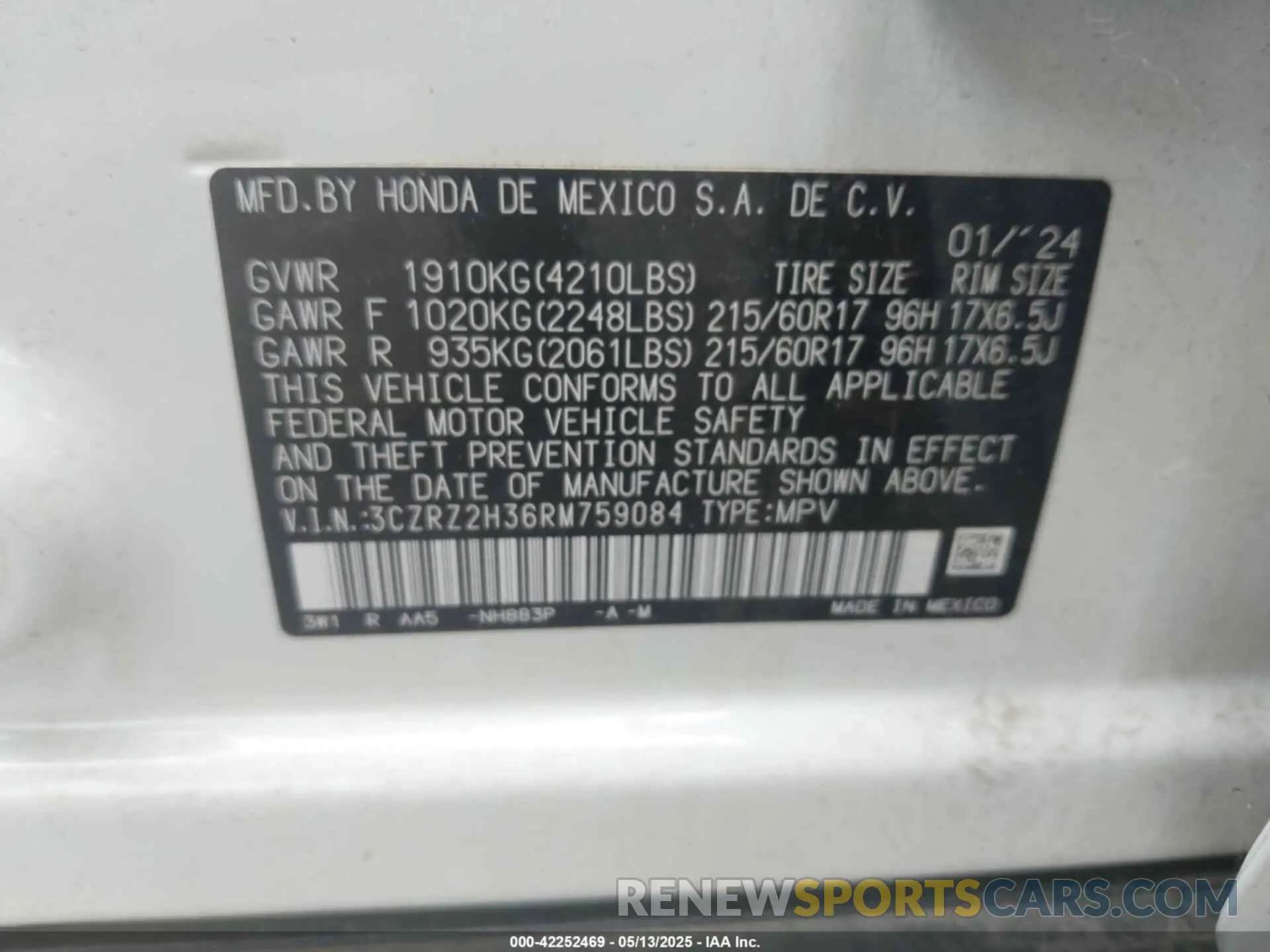 9 Фотография поврежденного автомобиля 3CZRZ2H36RM759084 HONDA HR-V 2024