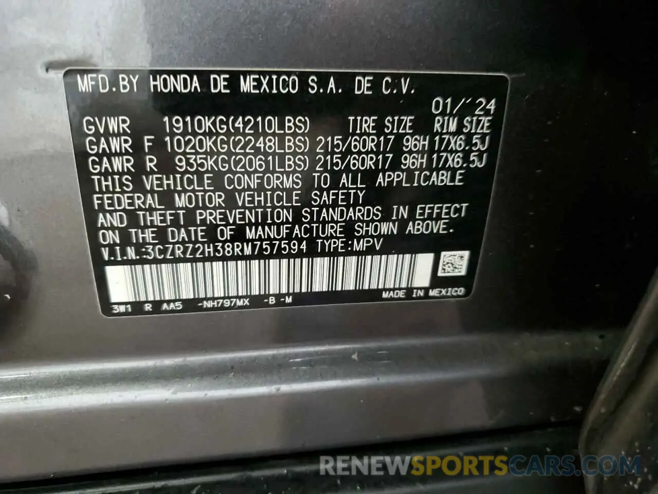 13 Фотография поврежденного автомобиля 3CZRZ2H38RM757594 HONDA HR-V 2024