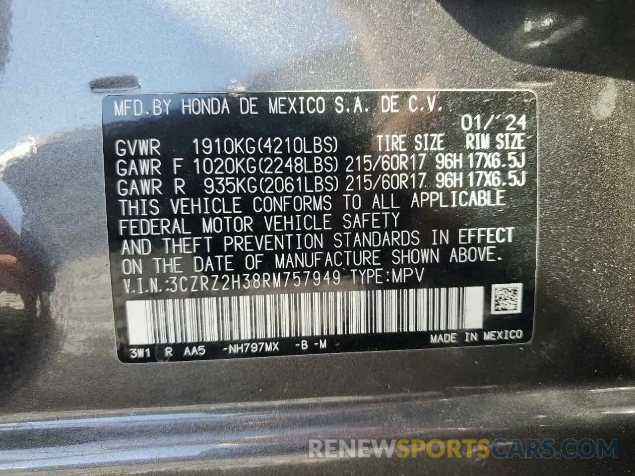 13 Photograph of a damaged car 3CZRZ2H38RM757949 HONDA HR-V 2024