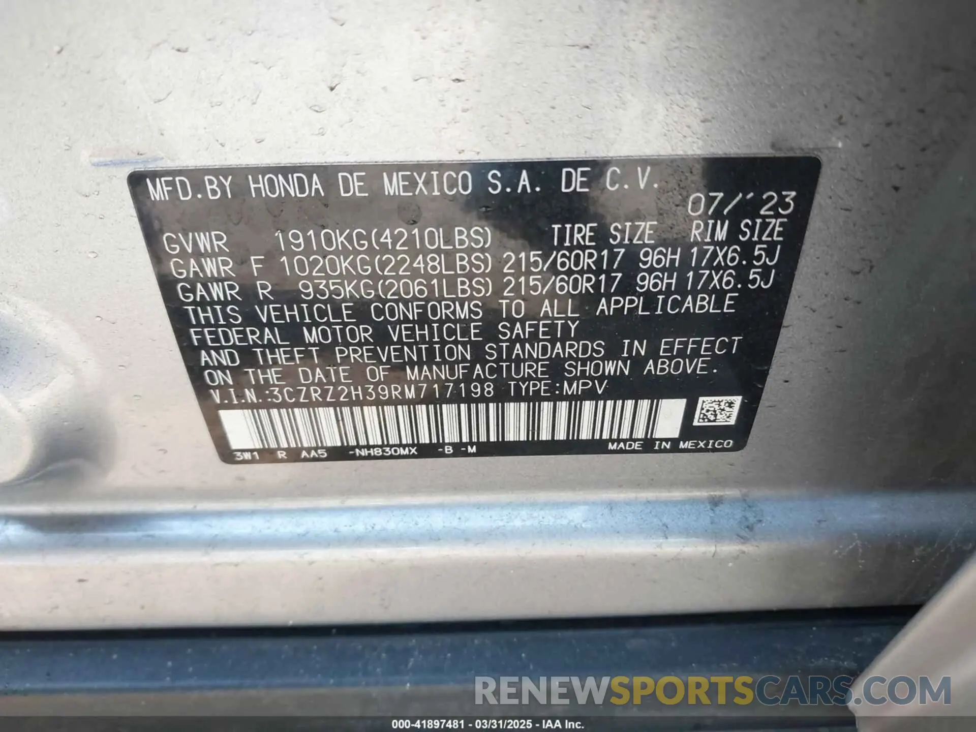 9 Фотография поврежденного автомобиля 3CZRZ2H39RM717198 HONDA HR-V 2024
