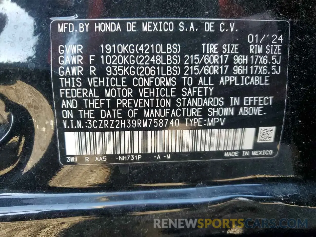13 Фотография поврежденного автомобиля 3CZRZ2H39RM758740 HONDA HR-V 2024