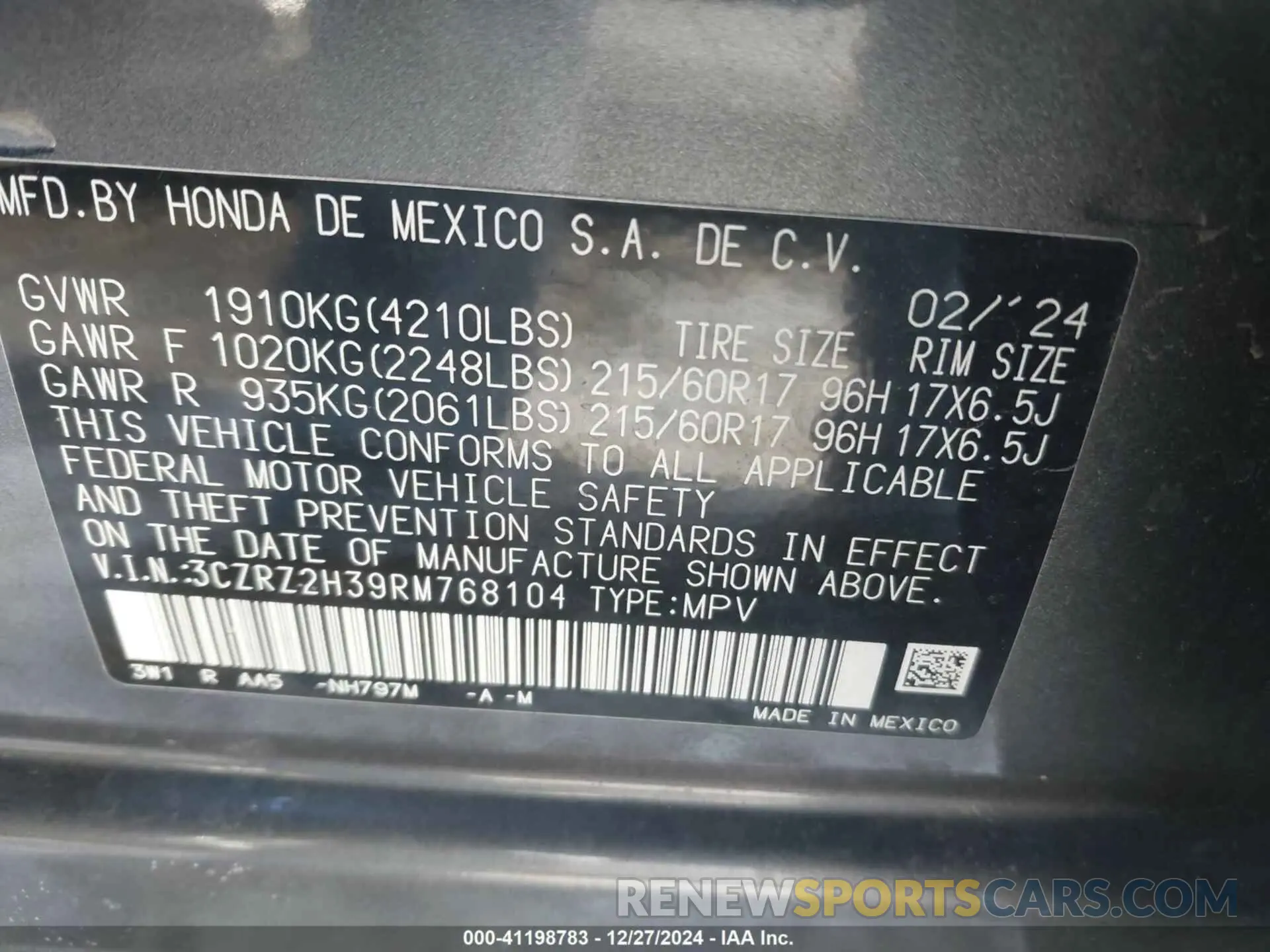9 Фотография поврежденного автомобиля 3CZRZ2H39RM768104 HONDA HR-V 2024