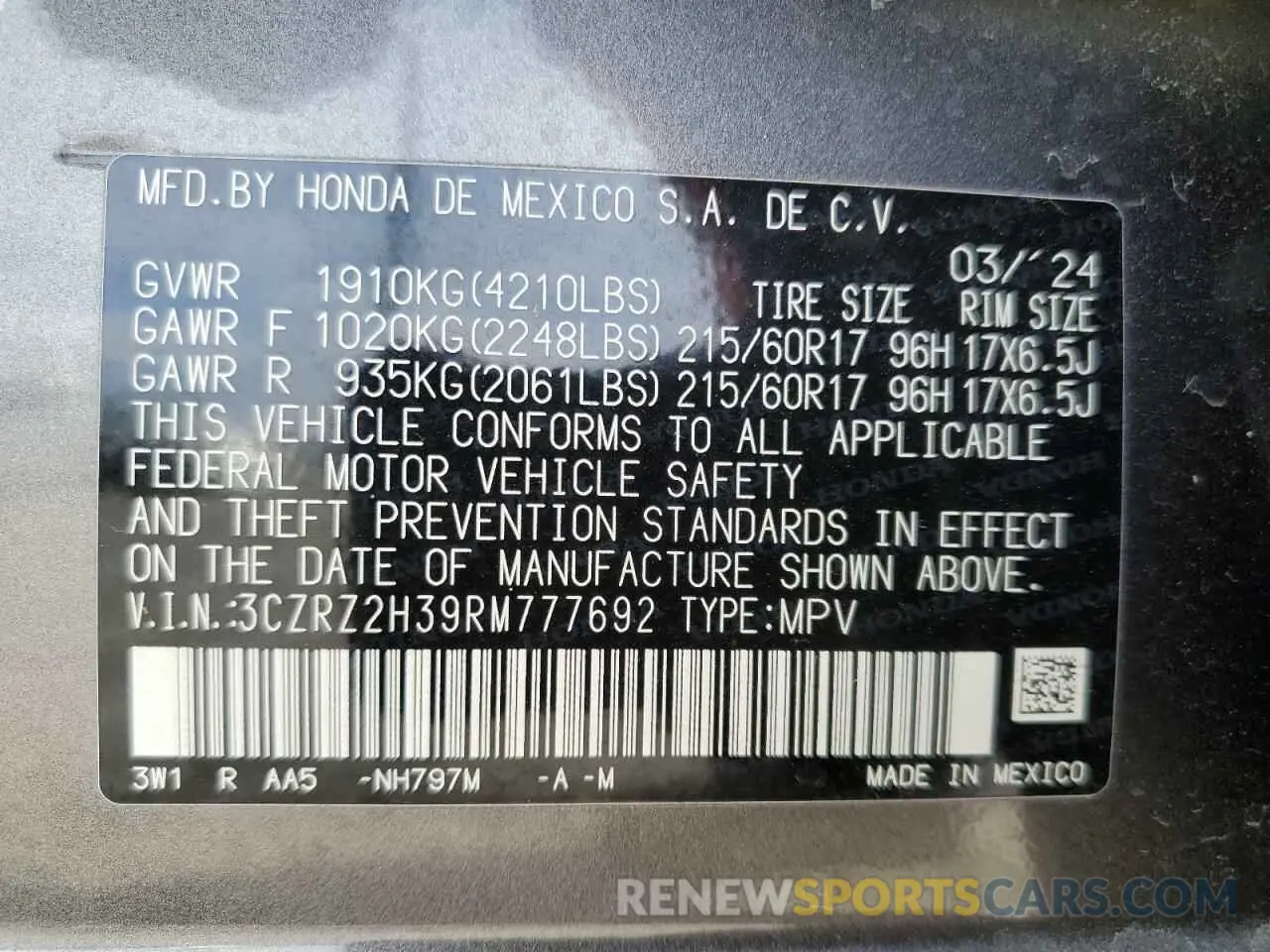 13 Photograph of a damaged car 3CZRZ2H39RM777692 HONDA HR-V 2024