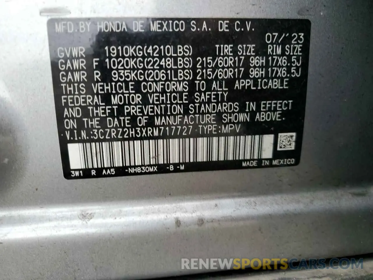 14 Photograph of a damaged car 3CZRZ2H3XRM717727 HONDA HR-V 2024
