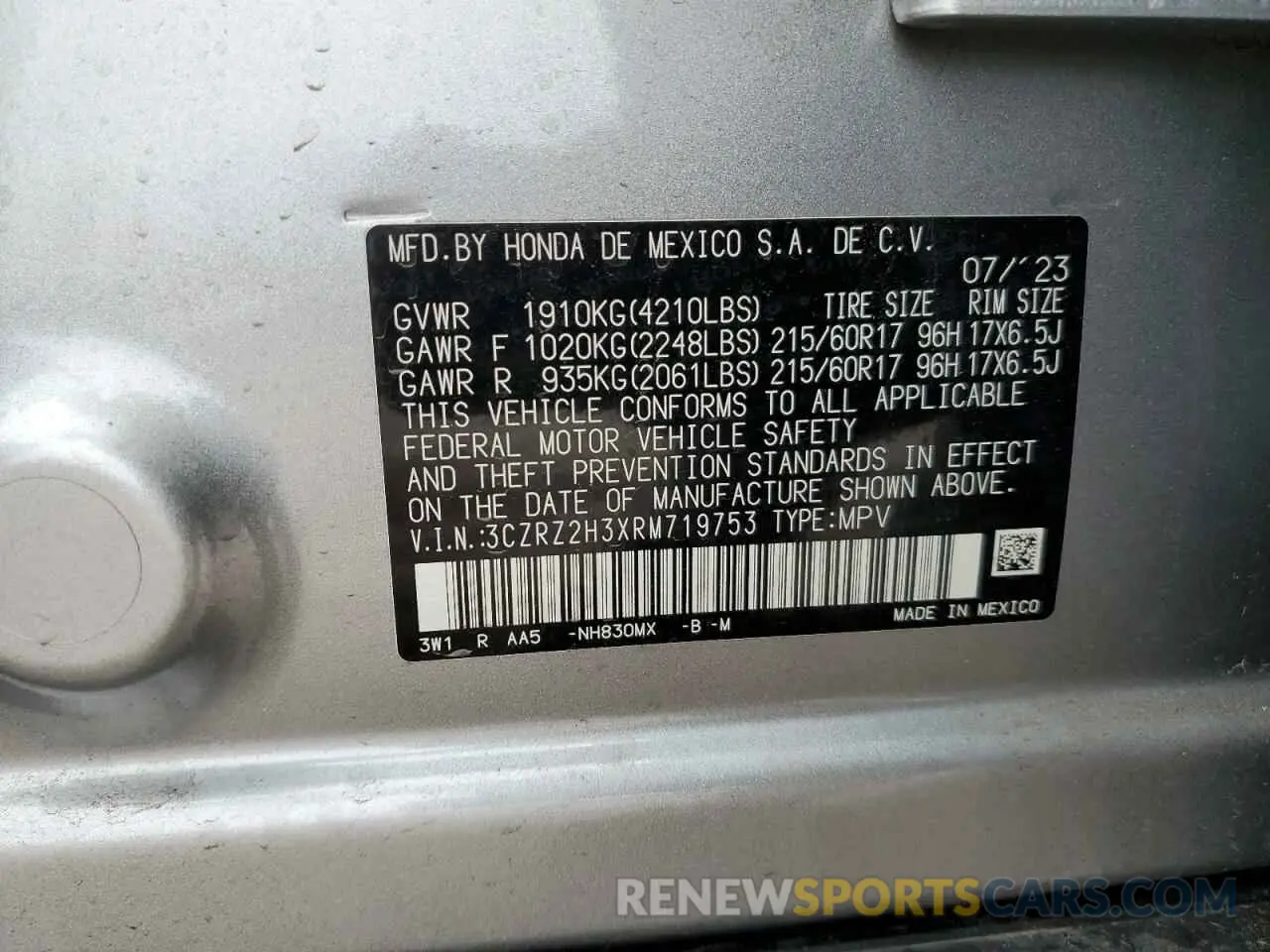 15 Фотография поврежденного автомобиля 3CZRZ2H3XRM719753 HONDA HR-V 2024