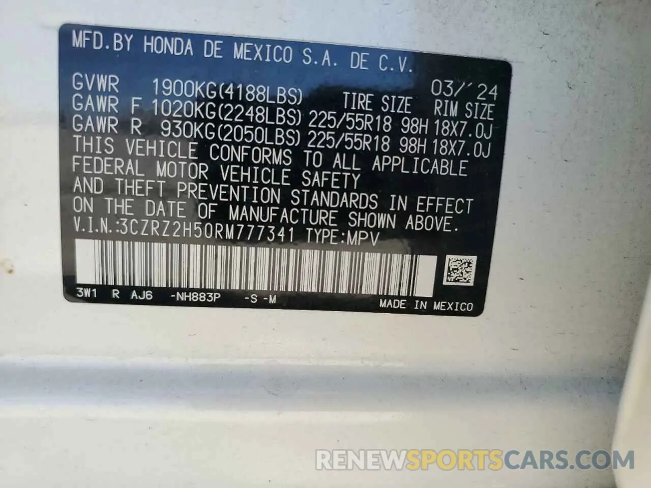 13 Фотография поврежденного автомобиля 3CZRZ2H50RM777341 HONDA HR-V 2024