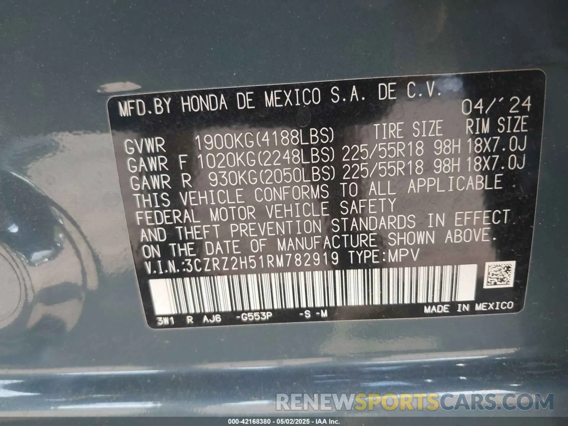 9 Photograph of a damaged car 3CZRZ2H51RM782919 HONDA HR-V 2024