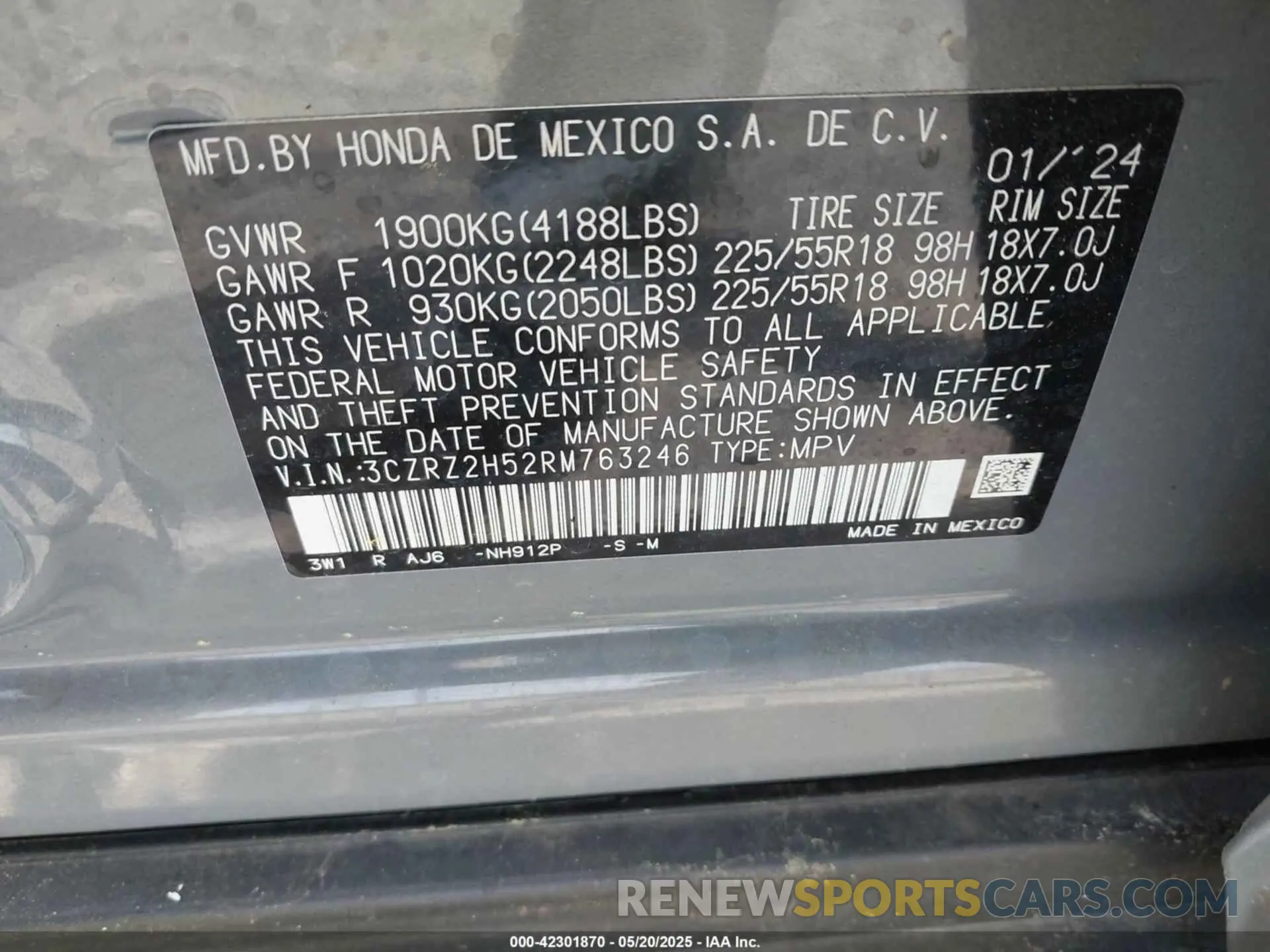 9 Фотография поврежденного автомобиля 3CZRZ2H52RM763246 HONDA HR-V 2024