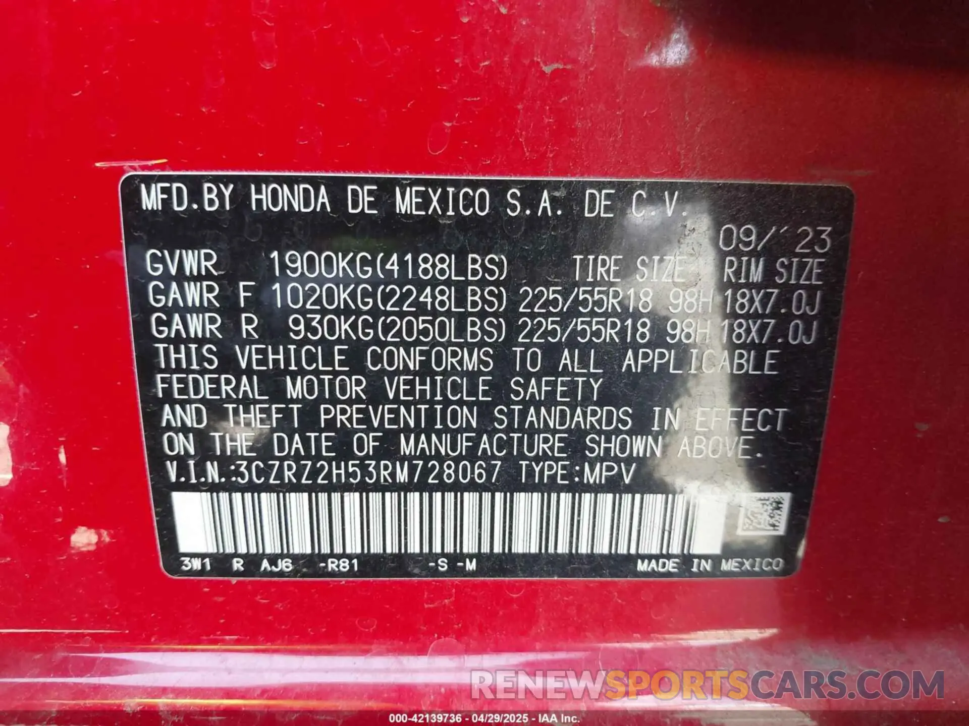 9 Фотография поврежденного автомобиля 3CZRZ2H53RM728067 HONDA HR-V 2024