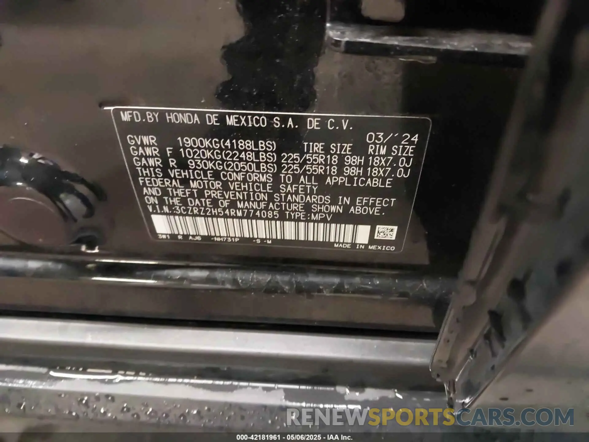 9 Photograph of a damaged car 3CZRZ2H54RM774085 HONDA HR-V 2024