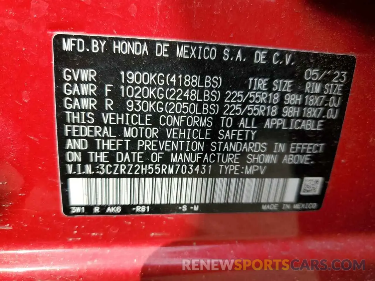 14 Photograph of a damaged car 3CZRZ2H55RM703431 HONDA HR-V 2024