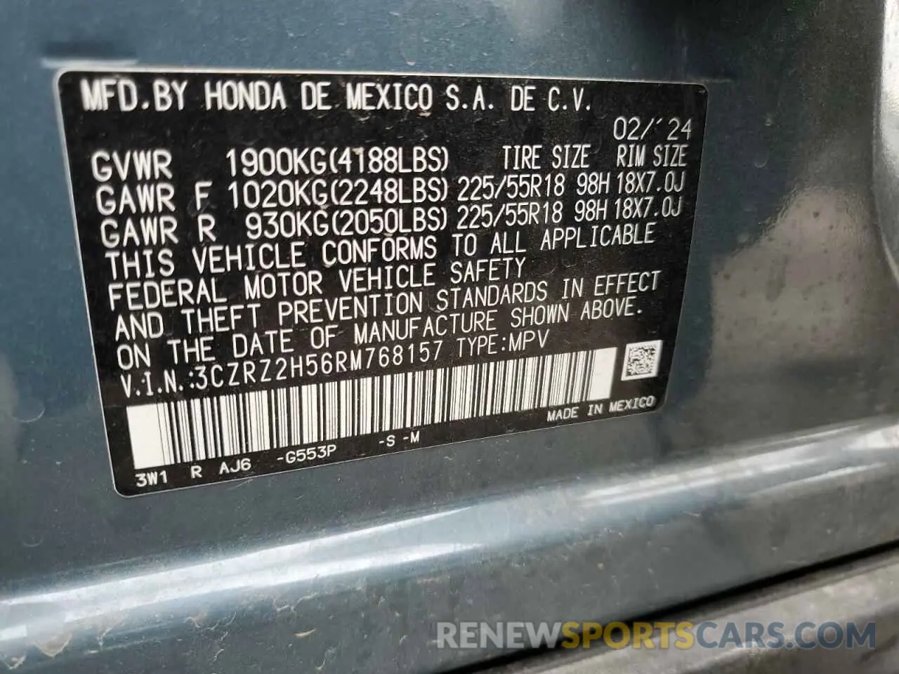 13 Фотография поврежденного автомобиля 3CZRZ2H56RM768157 HONDA HR-V 2024