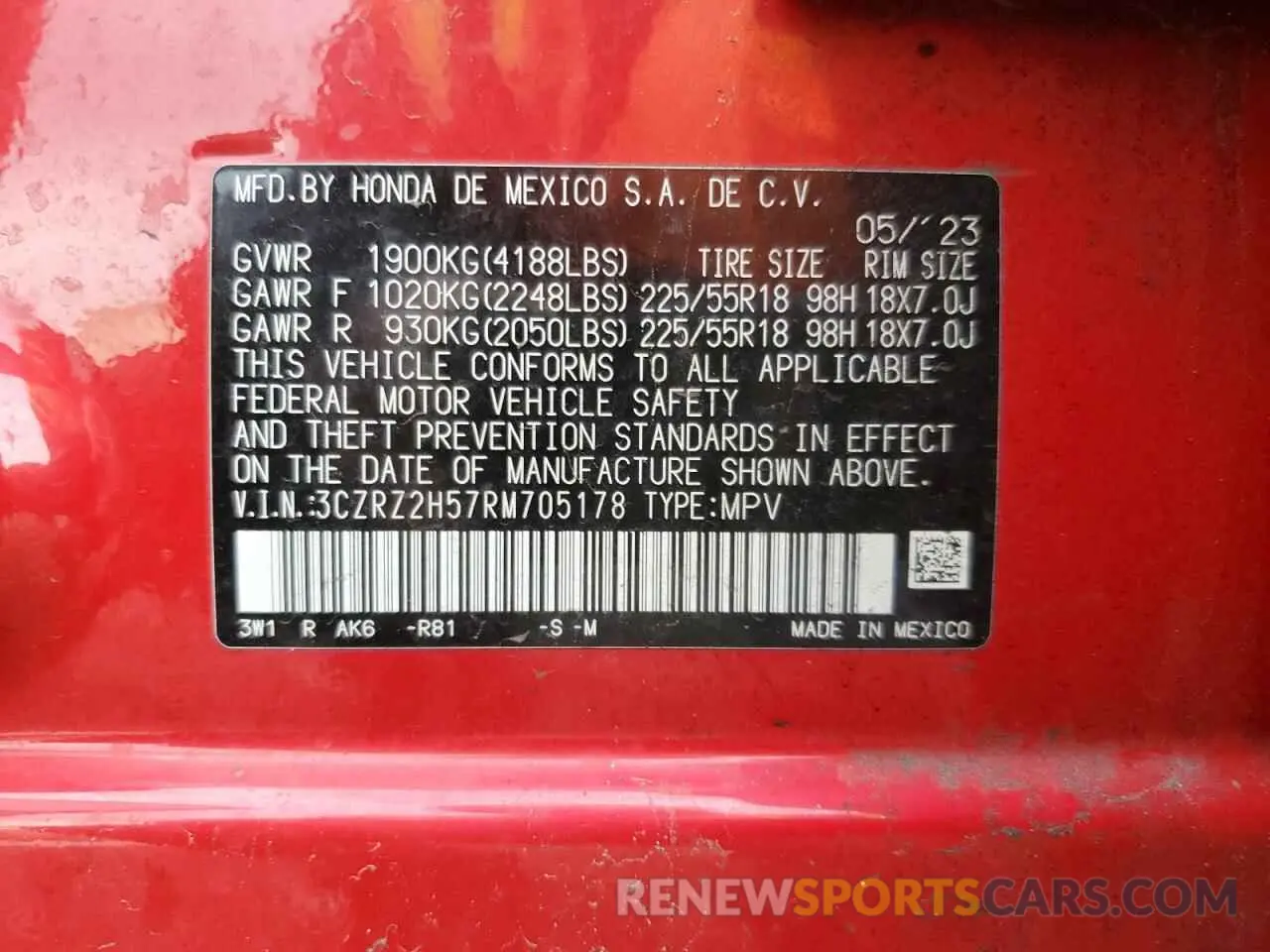 16 Photograph of a damaged car 3CZRZ2H57RM705178 HONDA HR-V 2024
