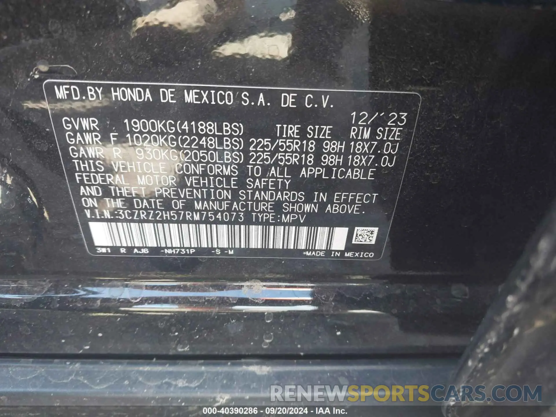 9 Фотография поврежденного автомобиля 3CZRZ2H57RM754073 HONDA HR-V 2024