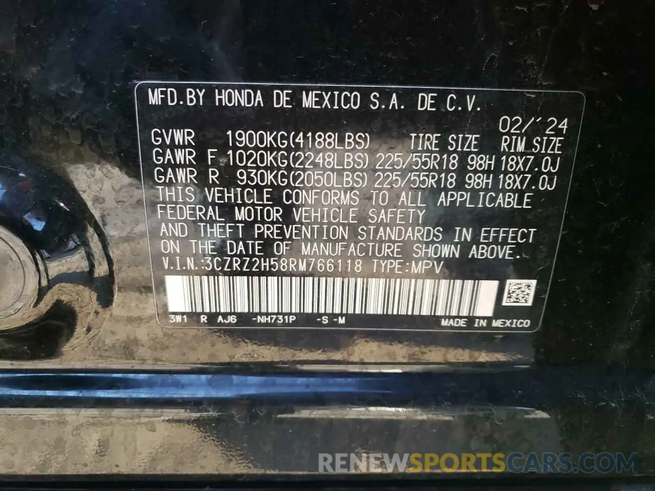 14 Фотография поврежденного автомобиля 3CZRZ2H58RM766118 HONDA HR-V 2024