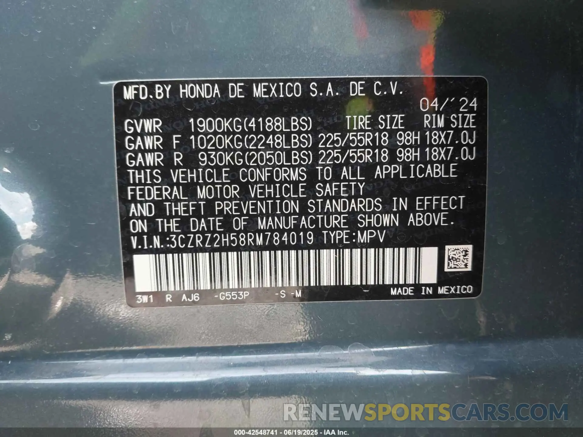 9 Фотография поврежденного автомобиля 3CZRZ2H58RM784019 HONDA HR-V 2024