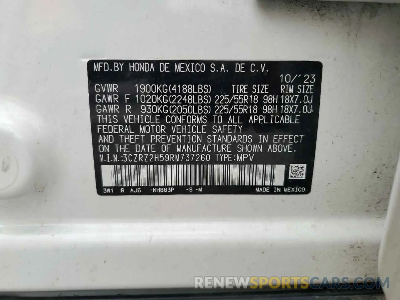 14 Photograph of a damaged car 3CZRZ2H59RM737260 HONDA HR-V 2024