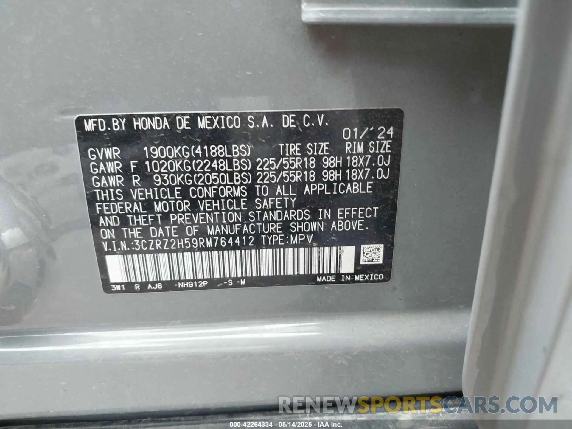 9 Фотография поврежденного автомобиля 3CZRZ2H59RM764412 HONDA HR-V 2024