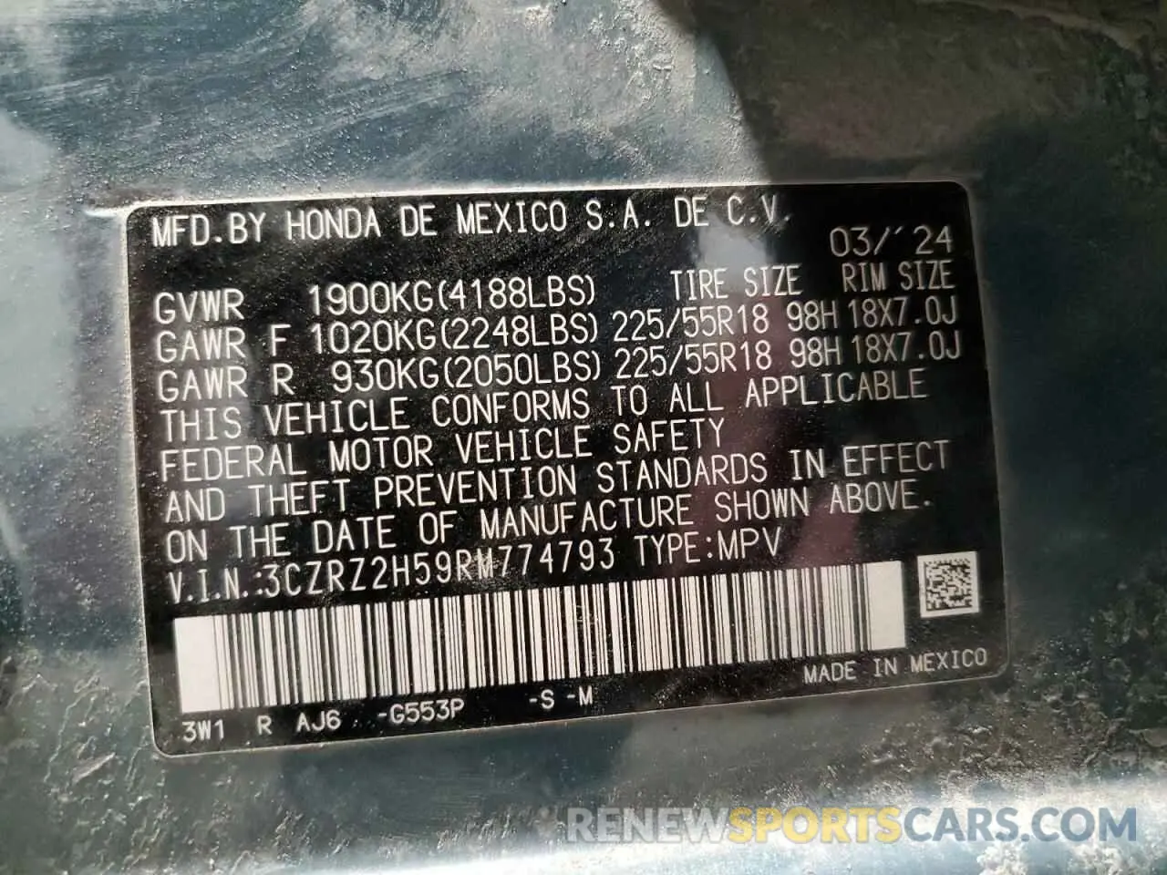 13 Фотография поврежденного автомобиля 3CZRZ2H59RM774793 HONDA HR-V 2024