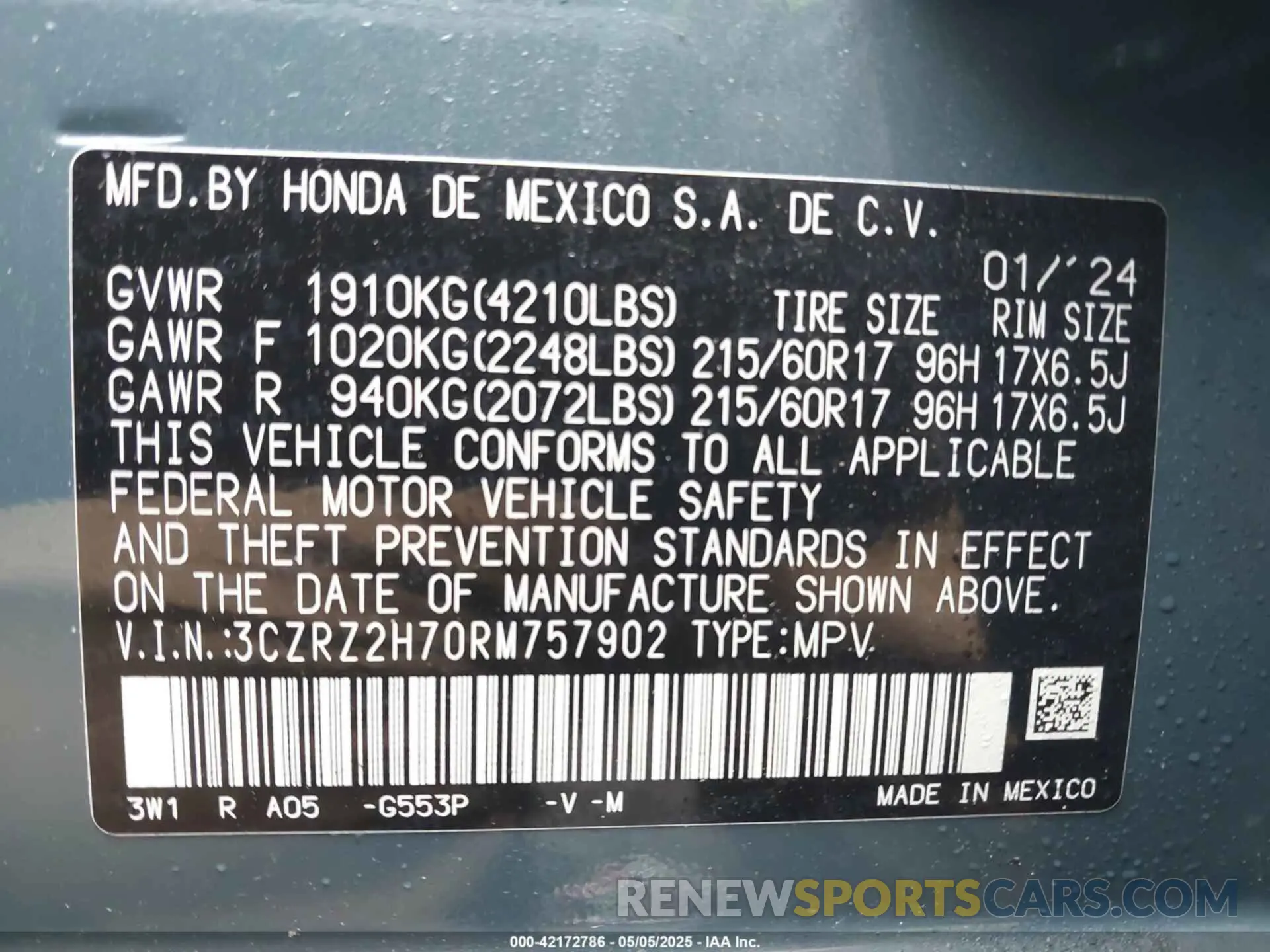 9 Фотография поврежденного автомобиля 3CZRZ2H70RM757902 HONDA HR-V 2024