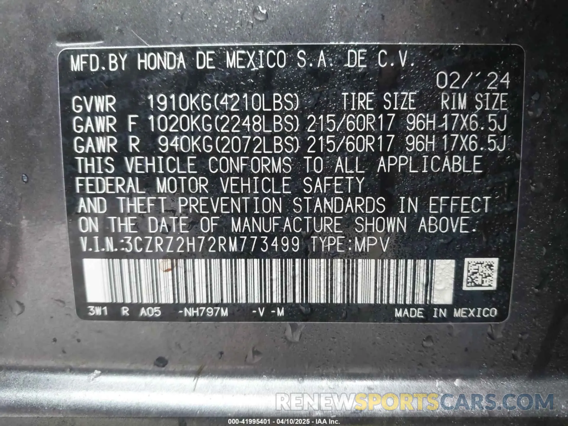 9 Фотография поврежденного автомобиля 3CZRZ2H72RM773499 HONDA HR-V 2024