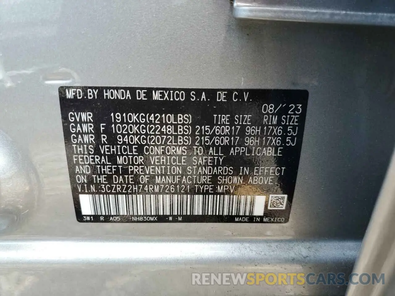 14 Photograph of a damaged car 3CZRZ2H74RM726121 HONDA HR-V 2024