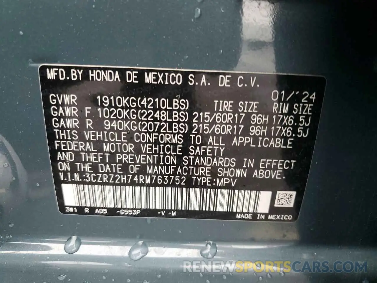13 Photograph of a damaged car 3CZRZ2H74RM763752 HONDA HR-V 2024