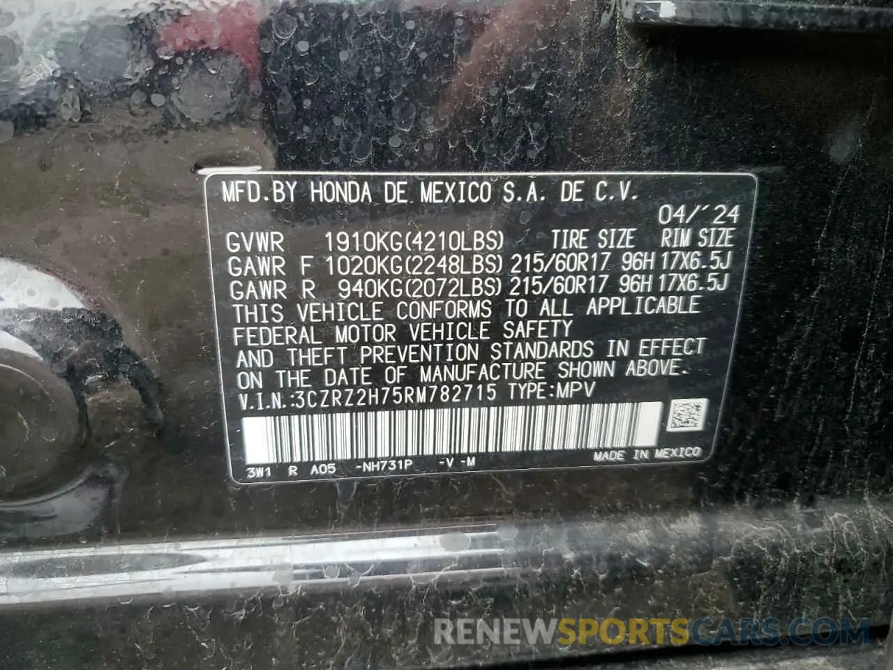 13 Фотография поврежденного автомобиля 3CZRZ2H75RM782715 HONDA HR-V 2024